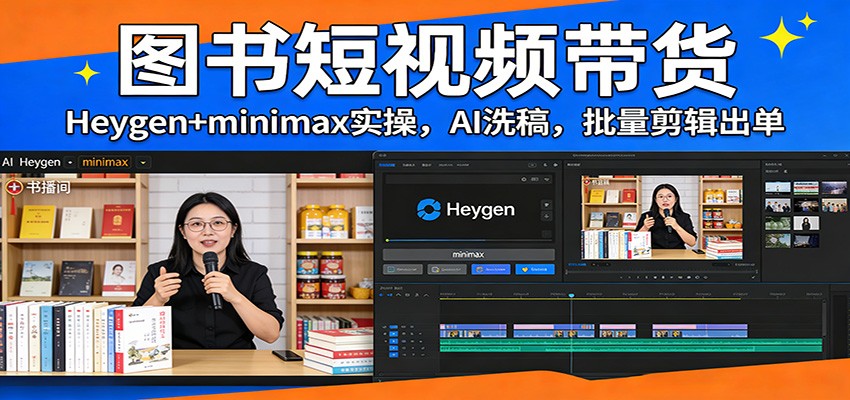 图书短视频带货：Heygen+minimax实操，AI洗稿 ，批量剪辑出单-小行网创