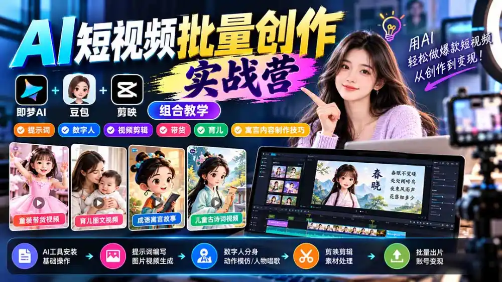 【无水印】AI短视频批量创作实战营:即梦+豆包+剪映组合教学,提示词/数字人/视频剪辑/带货/育儿/寓言内容制作技巧-小行网创