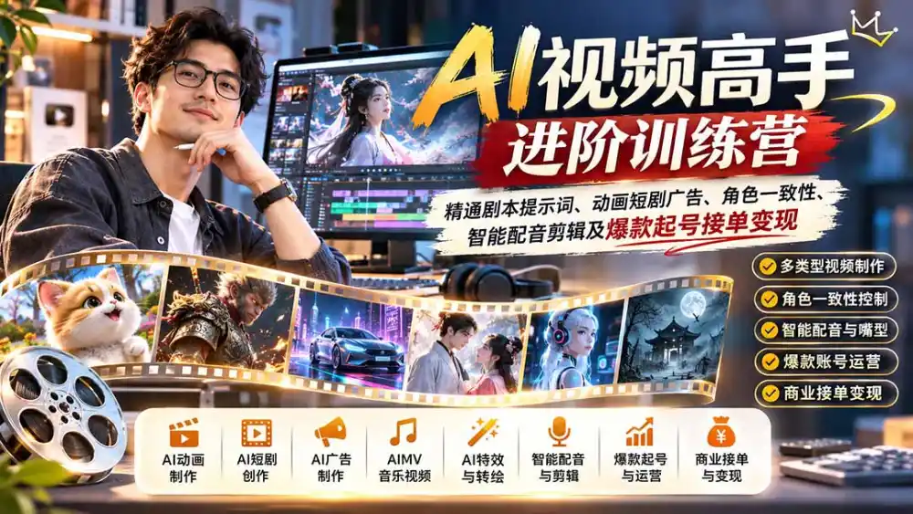 AI视频高手进阶训练营：精通剧本提示词、动画短剧广告、角色一致性、智能配音剪辑及爆款起号接单变现-小行网创