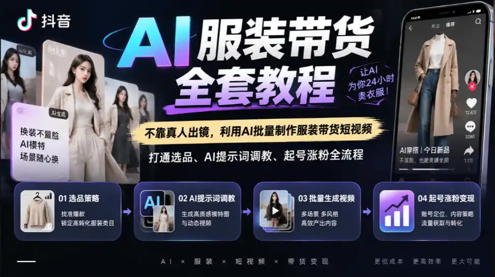 抖音AI服装带货全套教程，不靠真人出镜，利用AI批量制作服装带货短视频，打通选品、AI提示词调教、起号涨粉全流程-小行网创
