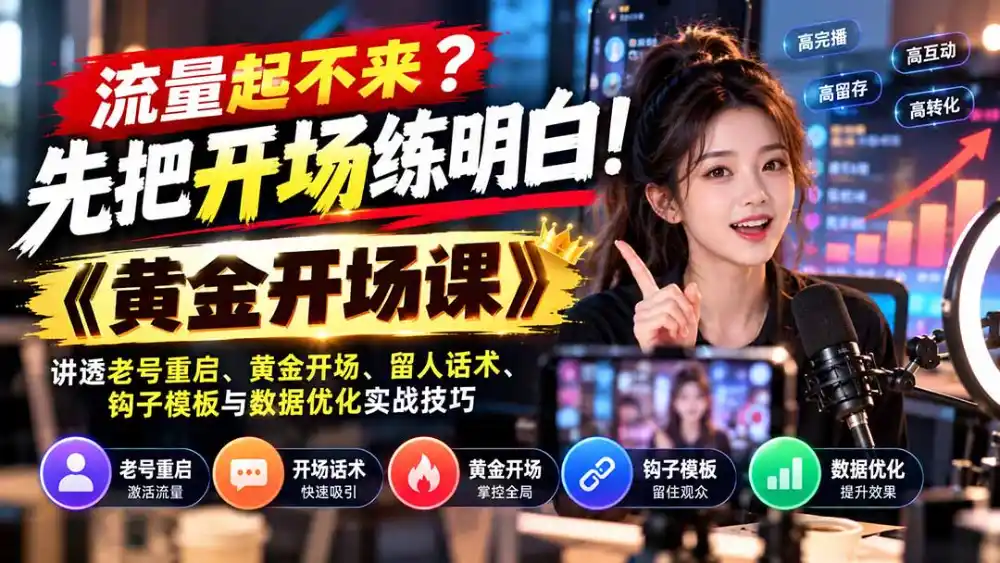 流量起不来？先把开场练明白！《黄金开场课》讲透老号重启、黄金开场、留人话术、钩子模板与数据优化实战技巧-小行网创