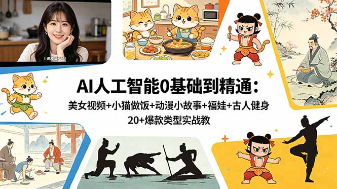 AI人工智能0基础到精通:美女视频+小猫做饭+动漫小故事+福娃+古人健身,20+爆款类型实战教学-小行网创