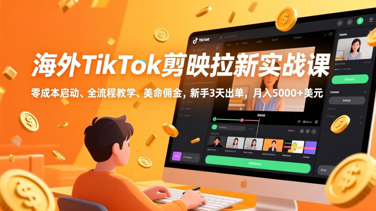 海外TikTok剪映拉新实战课，零成本启动、全流程教学、美金佣金，新手3天出单，月入5000+美元-小行网创