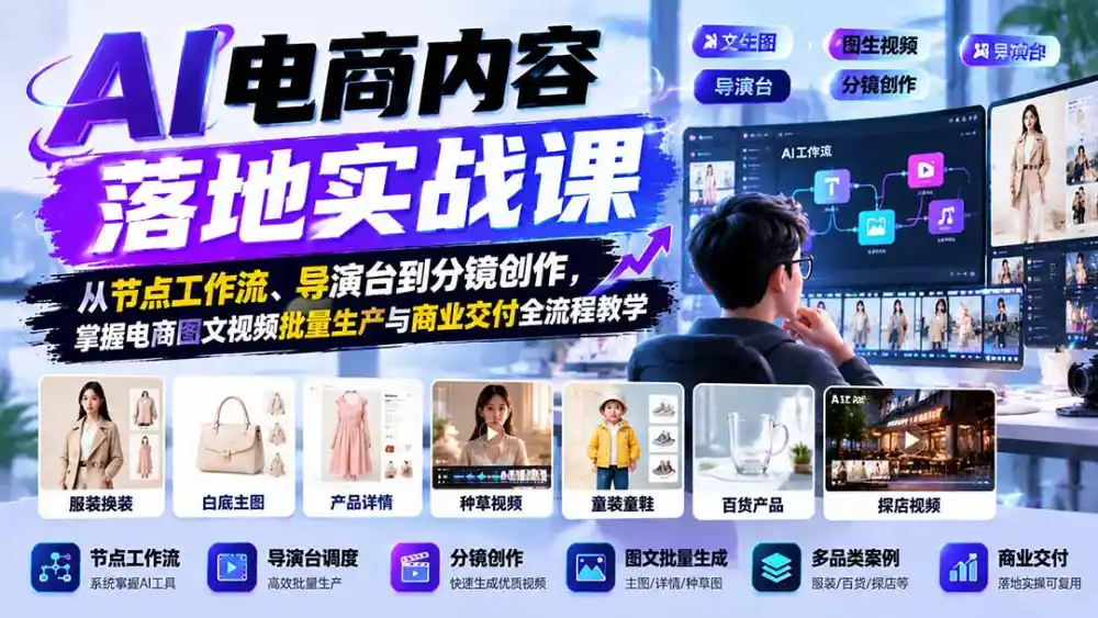 AI电商内容落地实战课：从节点工作流、导演台到分镜创作，掌握电商图文视频批量生产与商业交付全流程教学-小行网创