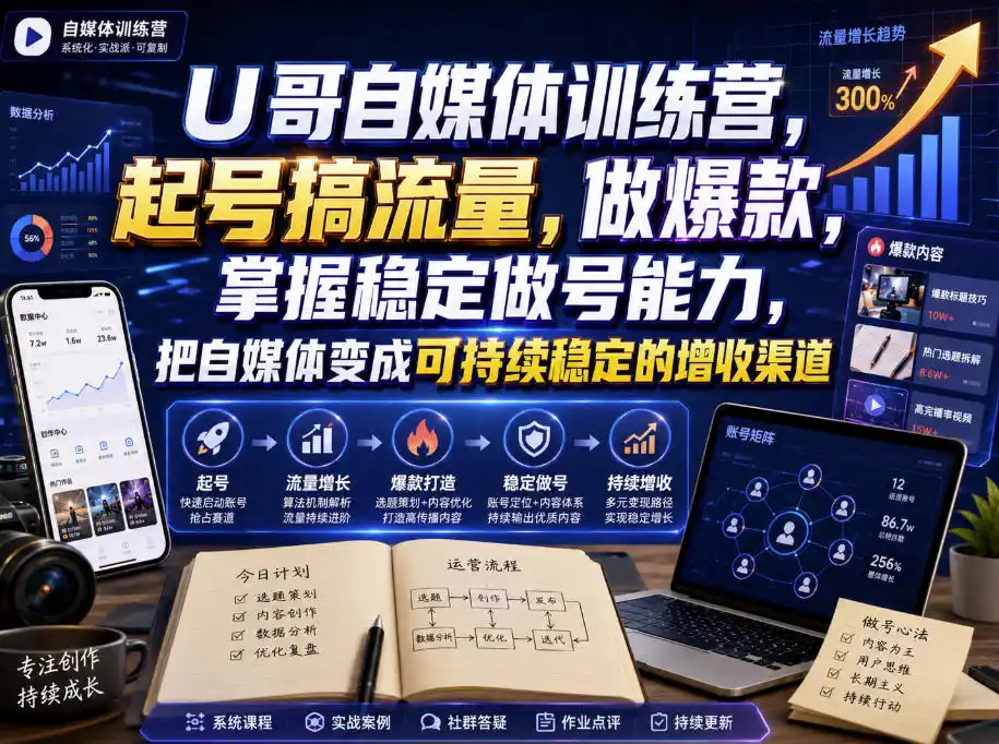 U哥自媒体训练营,起号搞流量,做爆款,掌握稳定做号能力,把自媒体变成可持续稳定的增收渠道-小行网创