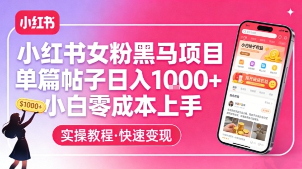 小红书女粉黑马项目，单篇帖子日入1k+，小白零成本上手-小行网创