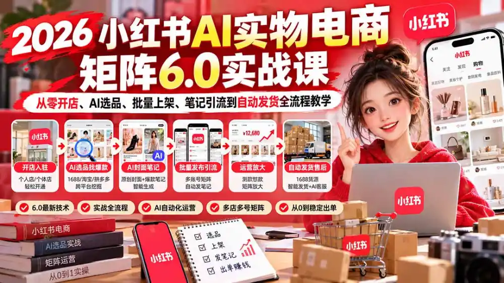 2026小红书AI实物电商矩阵6.0实战课:从零开店、AI选品、批量上架、笔记引流到自动发货全流程教学-小行网创