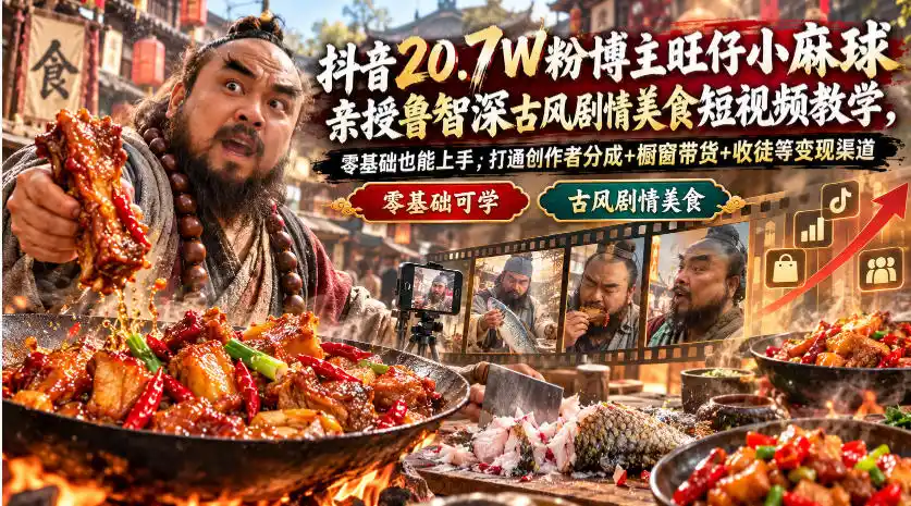 抖音20.7W粉博主旺仔小麻球亲授鲁智深古风剧情美食短视频教学，零基础也能上手，打通创作者分成+橱窗带货+收徒等变现渠道-小行网创