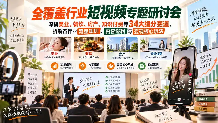 短视频专题研讨会，深耕美业、餐饮、房产、知识付费等34大细分赛道，拆解各行业流量规则、内容逻辑与变现核心玩法(更新1011)-小行网创