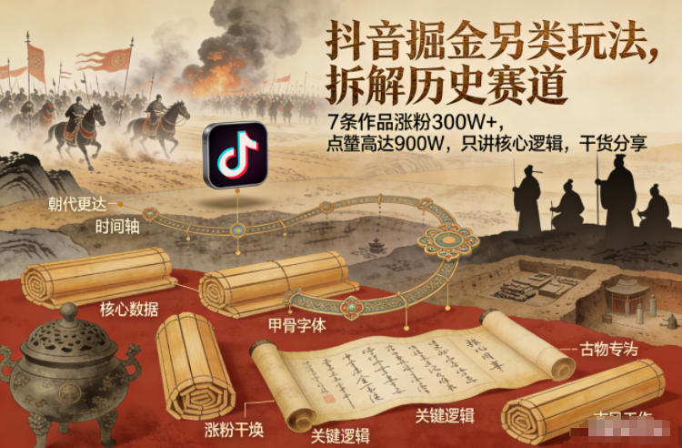 抖音掘金另类玩法，拆解历史赛道，7条作品涨粉300W+，点赞量高达900W，只讲核心逻辑，干货分享-小行网创