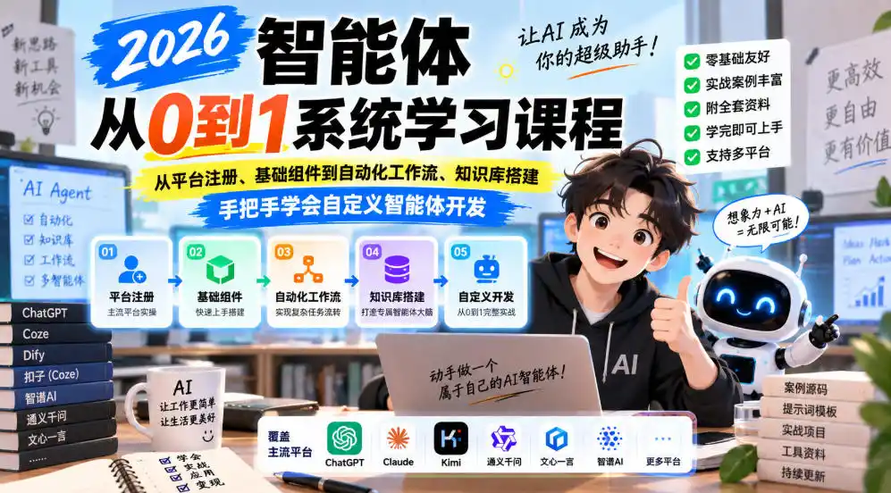 2026智能体从0到1系统学习课程，从平台注册、基础组件到自动化工作流、知识库搭建，手把手学会自定义智能体开发-小行网创
