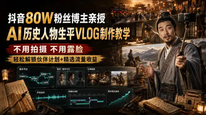 抖音80W粉丝博主的AI历史人物生平VLOG教学,不用拍摄不用露脸,AI帮你搞定,轻松解锁伙伴计划+精选收益-小行网创