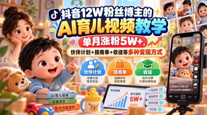 抖音12W粉丝博主的AI育儿视频教学,单月涨粉5W+,伙伴计划+接商单+收徒等多种变现方式-小行网创