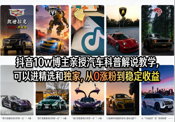 抖音10w博主亲授汽车科普解说教学,可以进精选和独家,从0涨粉到稳定收益(详细视频课程+1T素材)-小行网创
