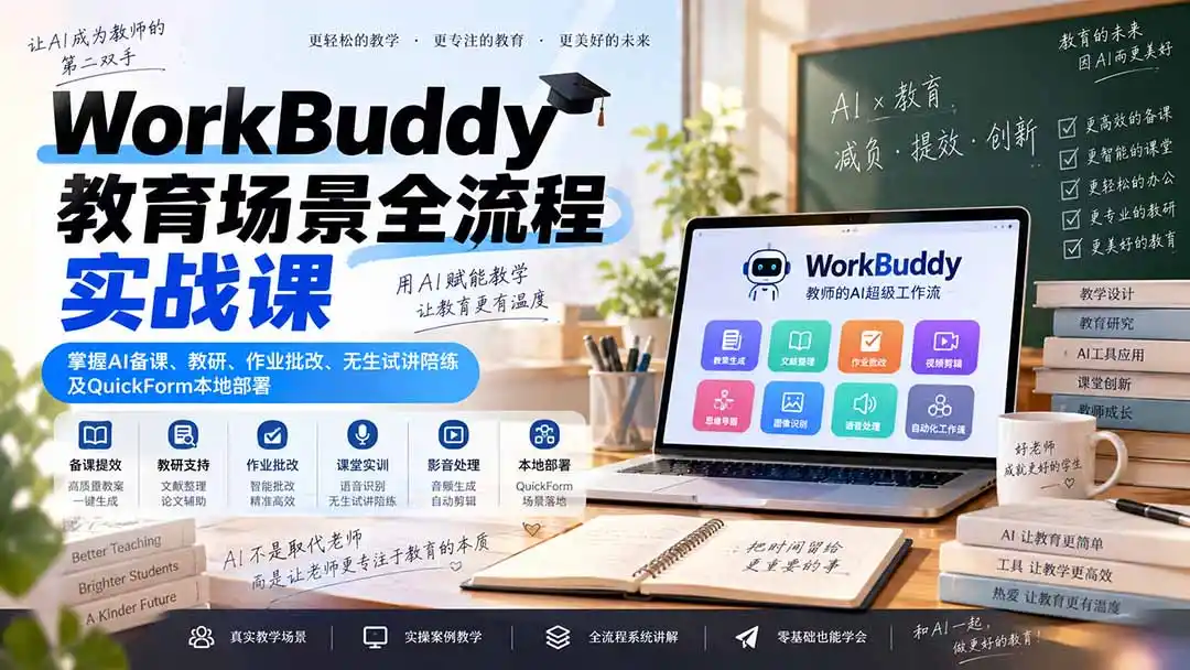 WorkBuddy教育场景全流程实战课：掌握AI备课、教研、作业批改、无生试讲陪练及QuickForm本地部署-小行网创