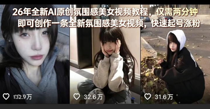 26年全新AI原创氛围感美女视频教程，仅需两分钟即可创作一条全新氛围感美女视频，快速起号涨粉-小行网创