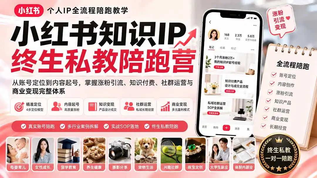 小红书知识IP终生私教陪跑营：从账号定位到内容起号，掌握涨粉引流、知识付费、社群运营与商业变现完整体系-小行网创