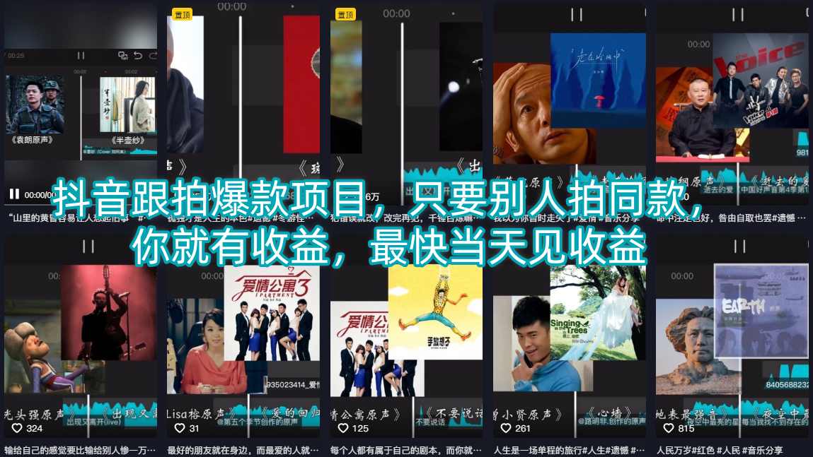 抖音跟拍爆款项目，只要别人拍同款，你就有收益，最快当天见收益-小行网创