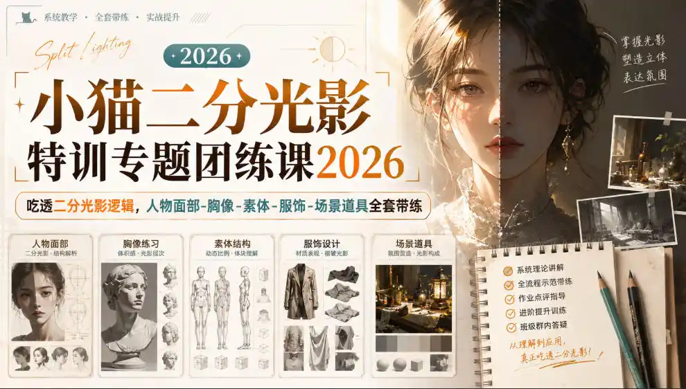 小猫二分光影特训专题团练课2026|吃透二分光影逻辑,人物面部‑胸像‑素体‑服饰‑场景道具全套带练,高清画质附赠课件与笔刷-小行网创