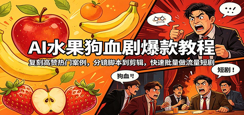 AI水果狗血剧爆款教程：复刻高赞热门案例，分镜脚本到剪辑，快速批量做流量短剧-小行网创