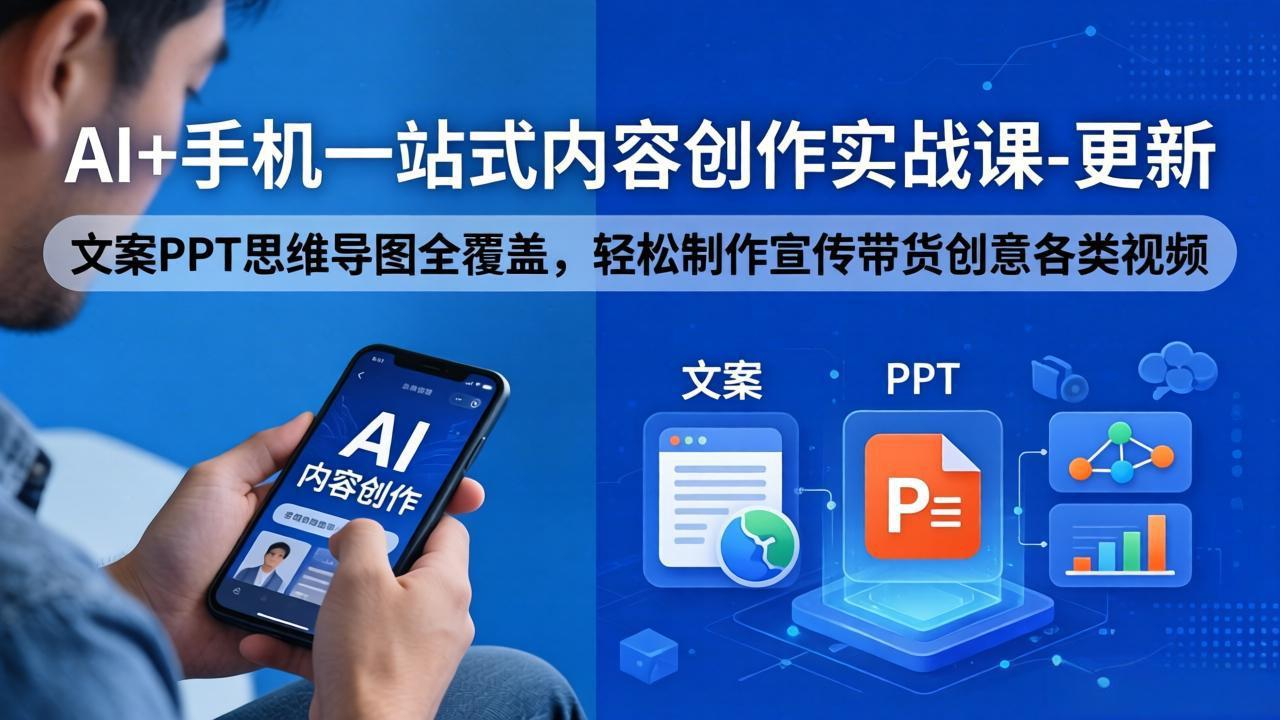 AI+手机一站式内容创作实战课-更新，文案PPT思维导图全覆盖，轻松制作宣传带货创意各类视频-小行网创