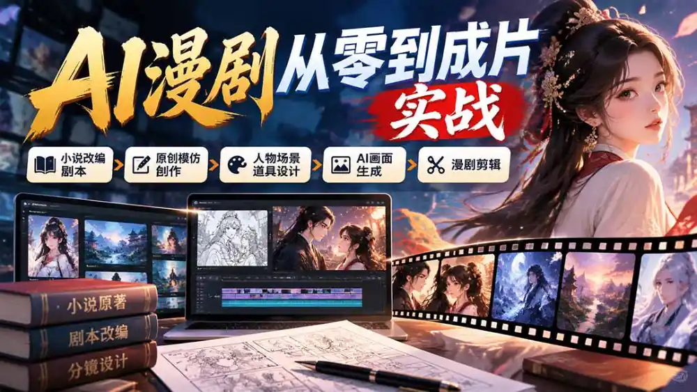 AI漫剧从零到成片实战：小说改编剧本、原创模仿创作、人物场景道具设计、AI画面生成与漫剧剪辑-小行网创