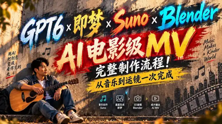 GPT6×即梦×Suno×Blender｜AI电影级MV完整制作流程！从音乐到运镜一次完成！-小行网创