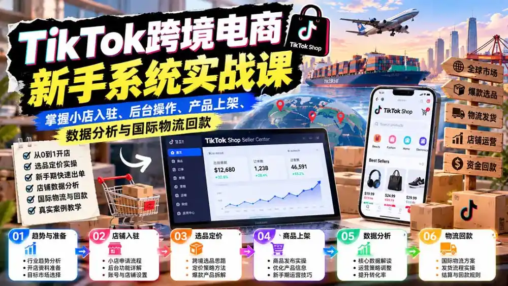 TikTok跨境电商新手系统实战课：掌握小店入驻、后台操作、产品上架、数据分析与国际物流回款-小行网创