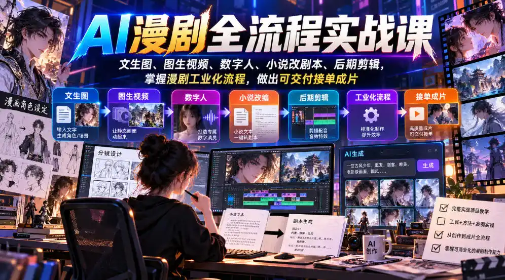 AI漫剧全流程实战课,文生图、图生视频、数字人、小说改剧本、后期剪辑,掌握漫剧工业化流程,做出可交付接单成片-小行网创