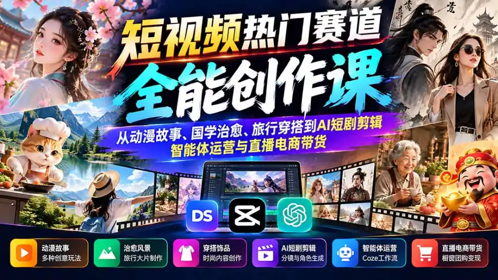 短视频热门赛道全能创作课：从动漫故事、国学治愈、旅行穿搭到AI短剧剪辑、智能体运营与直播电商带货-小行网创