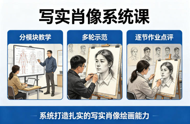 写实肖像系统课，全程分模块教学+多轮示范+逐节作业点评，系统打造扎实的写实肖像绘画能力-小行网创