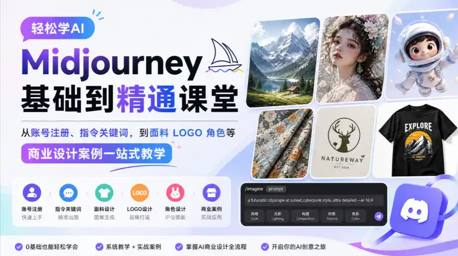 轻松学AI Midjourney基础到精通课堂,从账号注册、指令关键词,到面料LOGO角色等商业设计案例一站式教学-小行网创