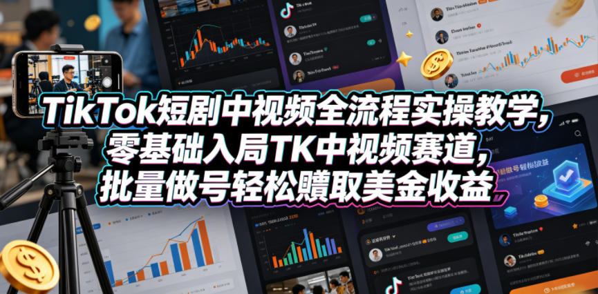 TikTok短剧中视频全流程实操教学，零基础入局TK中视频赛道，批量做号轻松賺取美金收益-小行网创