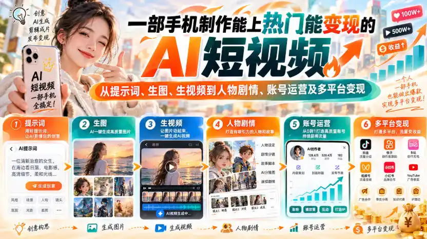 【无水印】一部手机制作能上热门能变现的AI短视频,从提示词、生图、生视频到人物剧情、账号运营及多平台变现-小行网创