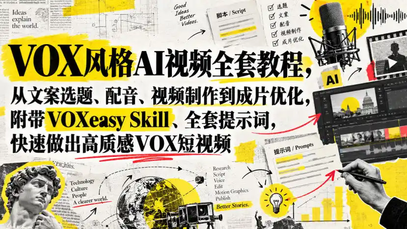 VOX风格AI视频全套教程,从文案选题、配音、视频制作到成片优化,附带VOXeasy Skill、全套提示词,快速做出高质感VOX短视频-小行网创