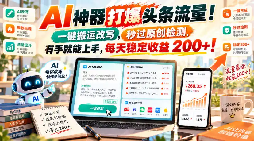 AI神器打爆头条流量,一键搬运改写,秒过原创检测,有手就能上手,每天稳定收益200+!【揭秘】-小行网创