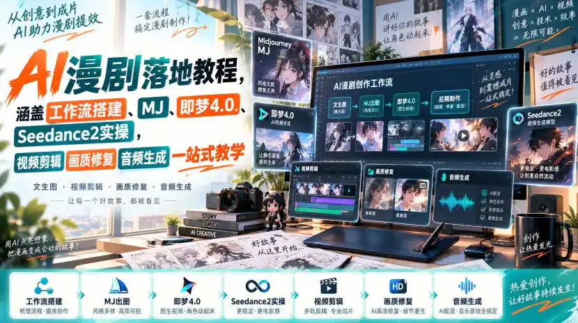 AI漫剧落地教程,涵盖工作流搭建、MJ、即梦4.0、Seedance2实操,视频剪辑画质修复音频生成一站式教学-小行网创