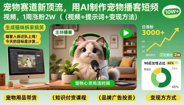 宠物赛道新顶流，用AI制作宠物播客短视频，1周涨粉2W(视频+提示词+变现方法)-小行网创