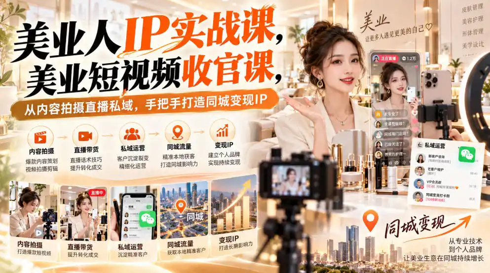 【无水印】美业人IP实战课，美业短视频收官课，从内容拍摄直播私域，手把手打造同城变现IP-小行网创