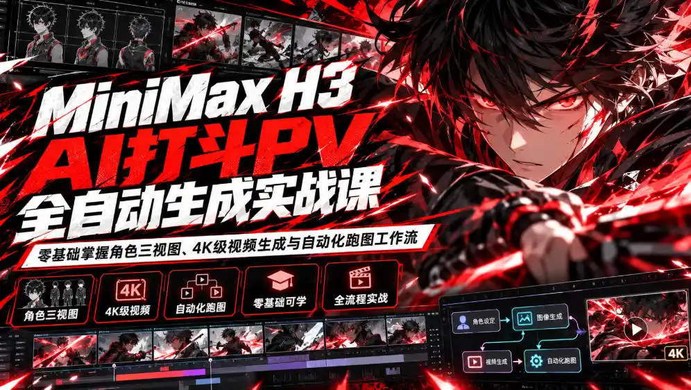 MiniMax H3 AI打斗PV全自动生成实战课：零基础掌握角色三视图、4K级视频生成与自动化跑图工作流-小行网创