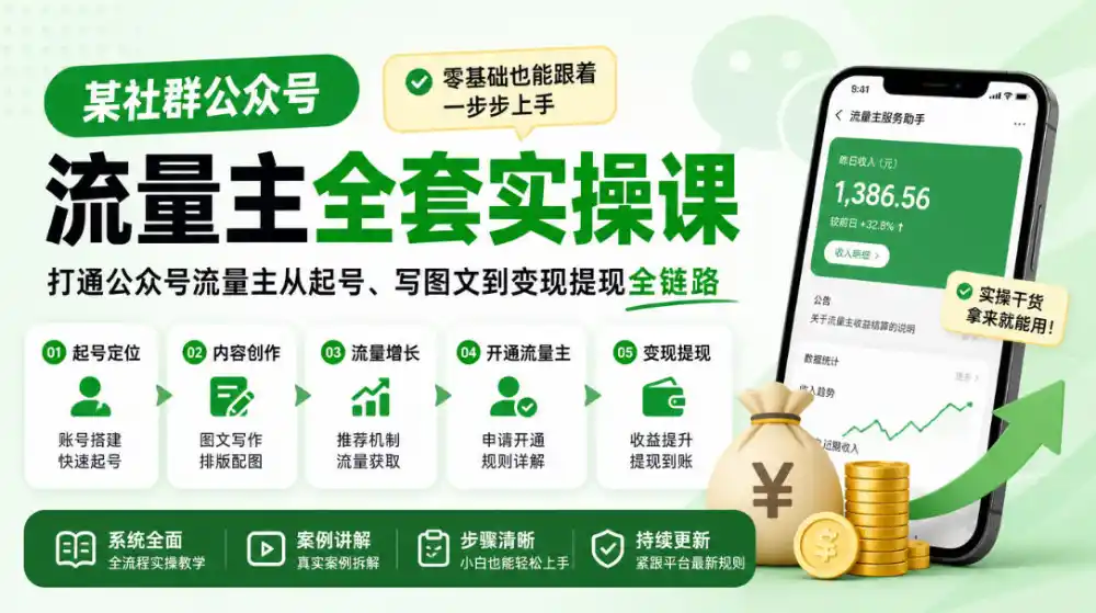 某社群公众号流量主全套实操课，零基础也能跟着一步步上手，打通公众号流量主从起号、写图文到变现提现全链路-小行网创
