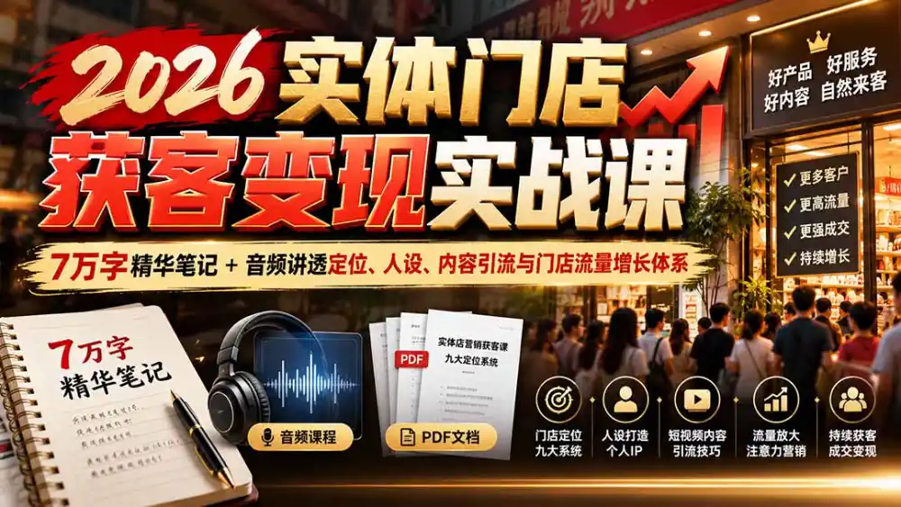 2026实体门店获客变现实战课:7万字精华笔记+音频讲透定位、人设、内容引流与门店流量增长体系-小行网创