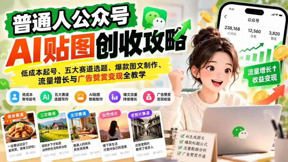 普通人公众号AI贴图创收攻略：低成本起号、五大赛道选题、爆款图文制作、流量增长与广告赞赏变现全教学-小行网创