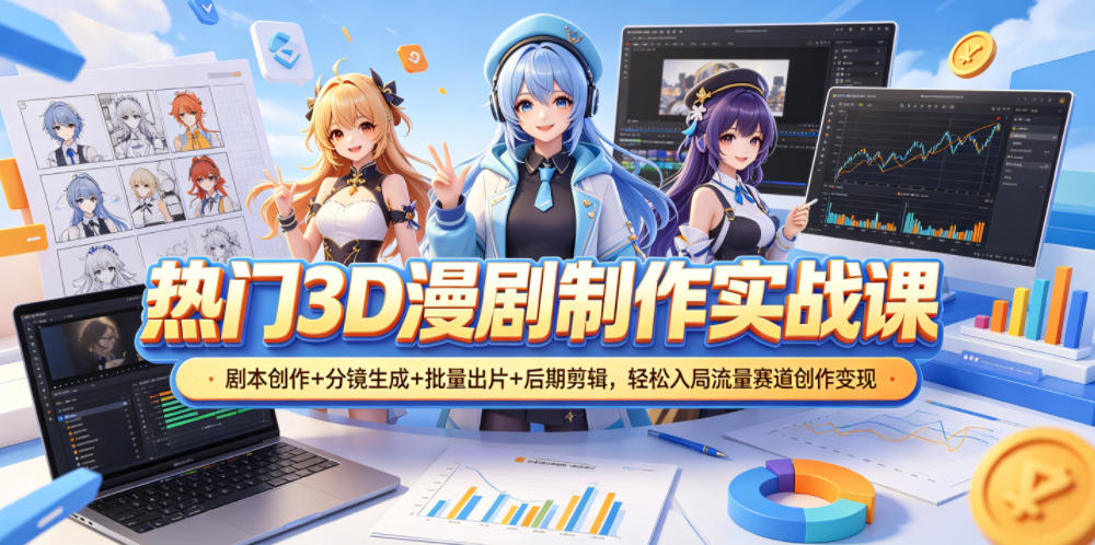 热门3D漫剧制作实战课,剧本创作+分镜生成+批量出片+后期剪辑,轻松入局流量赛道创作变现-小行网创