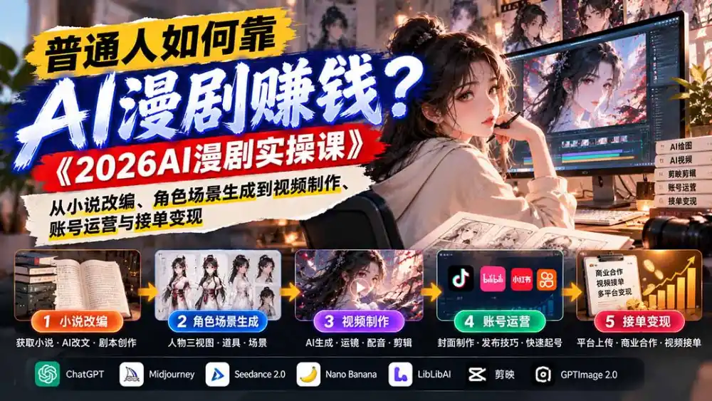 普通人如何靠AI漫剧赚钱？《2026AI漫剧实操课》从小说改编、角色场景生成到视频制作、账号运营与接单变现-小行网创