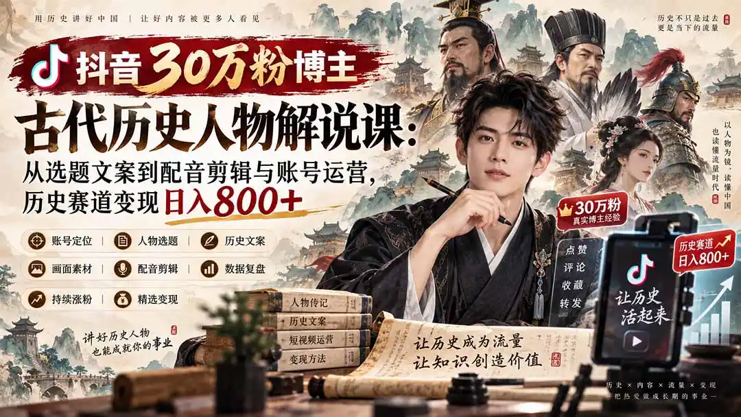 抖音30万粉博主古代历史人物解说课：从选题文案到配音剪辑与账号运营，历史赛道变现日入800+-小行网创
