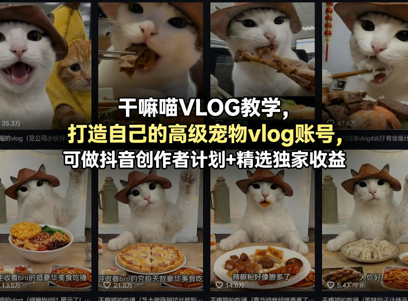干嘛喵VLOG教学,打造自己的高级宠物vlog账号,可做抖音创作者计划+精选独家收益-小行网创