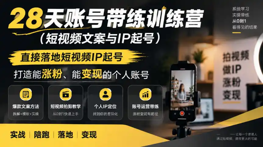 28天账号带练训练营(短视频文案与IP起号)，直接落地短视频IP起号，打造能涨粉、能变现的个人账号-小行网创