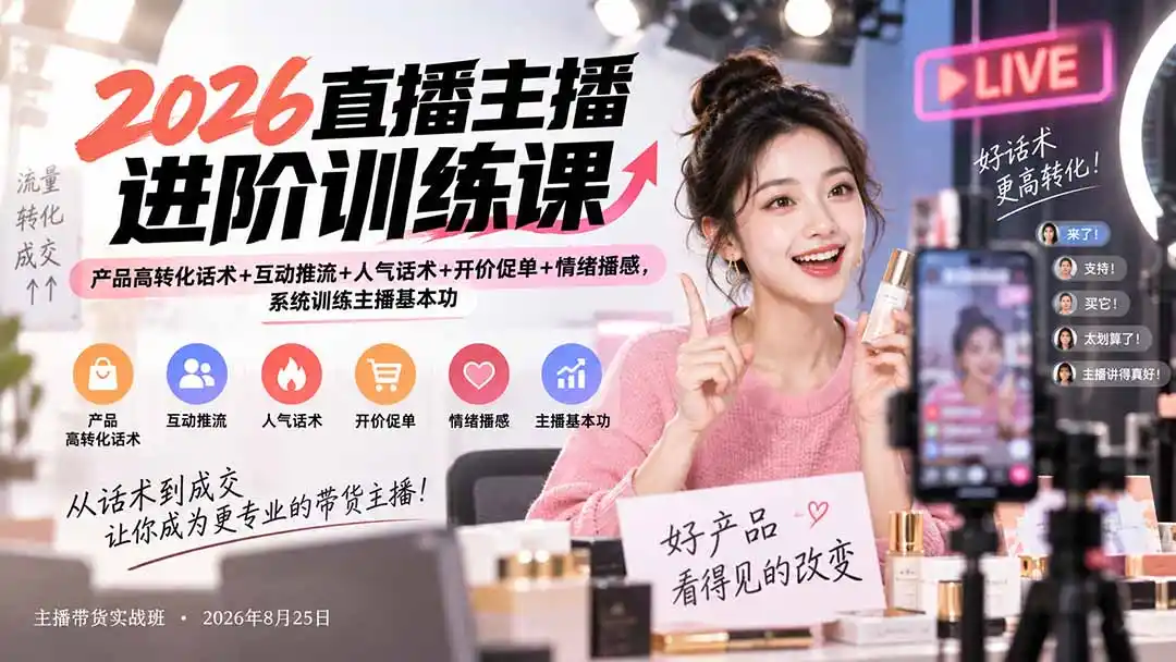 2026直播主播进阶训练课：产品高转化话术+互动推流+人气话术+开价促单+情绪播感，系统训练主播基本功-小行网创