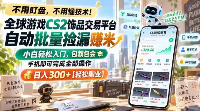 全球游戏CS2饰品交易平台自动批量捡漏賺米,小白轻松入门,包教包会,手机即可完成全部操作,日入300+【揭秘】-小行网创